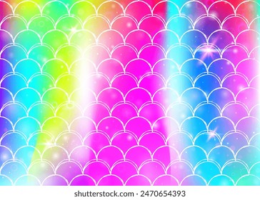 Rainbow scales background with kawaii mermaid princess pattern. Fish tail banner with magic sparkles and stars. Sea fantasy invitation for girlie party. Plastic backdrop with rainbow scales.
