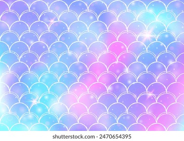 Rainbow scales background with kawaii mermaid princess pattern. Fish tail banner with magic sparkles and stars. Sea fantasy invitation for girlie party. Pearlescent backdrop with rainbow scales.