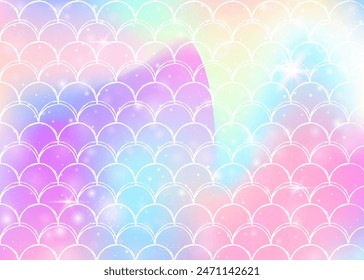 Fondo de escamas de arco iris con patrón de princesa sirena kawaii. Anuncio de cola de pescado con destellos mágicos y estrellas. Invitación de fantasía de mar para fiesta de chicas. Fondo futurista con escalas de arco iris.