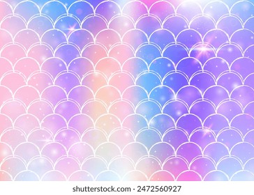 Rainbow scales background with kawaii mermaid princess pattern. Fish tail banner with magic sparkles and stars. Sea fantasy invitation for girlie party. Futuristic backdrop with rainbow scales.