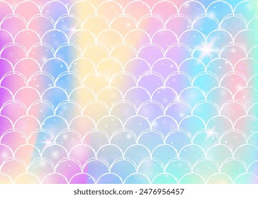 Fondo de escamas de arco iris con patrón de princesa sirena kawaii. Anuncio de cola de pescado con destellos mágicos y estrellas. Invitación de fantasía de mar para fiesta de chicas. Fondo de perlas con escalas de arco iris.