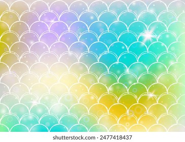 Rainbow scales background with kawaii mermaid princess pattern. Fish tail banner with magic sparkles and stars. Sea fantasy invitation for girlie party. Colorful backdrop with rainbow scales.