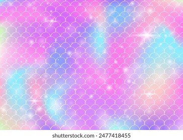 Rainbow scales background with kawaii mermaid princess pattern. Fish tail banner with magic sparkles and stars. Sea fantasy invitation for girlie party. Rainbow backdrop with rainbow scales.