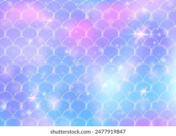 Fondo de escamas de arco iris con patrón de princesa sirena kawaii. Anuncio de cola de pescado con destellos mágicos y estrellas. Invitación de fantasía de mar para fiesta de chicas. Fondo fluorescente con escalas de arco iris.