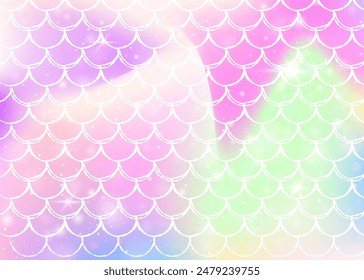 Fondo de escamas de arco iris con patrón de princesa sirena kawaii. Anuncio de cola de pescado con destellos mágicos y estrellas. Invitación de fantasía de mar para fiesta de chicas. Fondo de moda con escalas de arco iris.