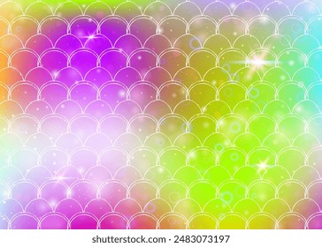 Rainbow scales background with kawaii mermaid princess pattern. Fish tail banner with magic sparkles and stars. Sea fantasy invitation for girlie party. Multicolor backdrop with rainbow scales.