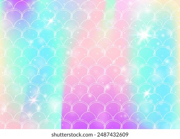 Fondo de escamas de arco iris con patrón de princesa sirena kawaii. Anuncio de cola de pescado con destellos mágicos y estrellas. Invitación de fantasía de mar para fiesta de chicas. Fondo creativo con escalas de arco iris.