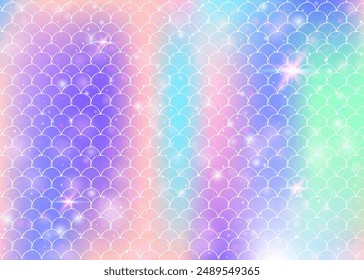 Fondo de escamas de arco iris con patrón de princesa sirena kawaii. Anuncio de cola de pescado con destellos mágicos y estrellas. Invitación de fantasía de mar para fiesta de chicas. Fondo fluorescente con escalas de arco iris.