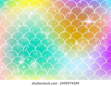 Rainbow scales background with kawaii mermaid princess pattern. Fish tail banner with magic sparkles and stars. Sea fantasy invitation for girlie party. Rainbow backdrop with rainbow scales.