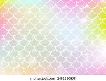 Rainbow scales background with kawaii mermaid princess pattern. Fish tail banner with magic sparkles and stars. Sea fantasy invitation for girlie party. Creative backdrop with rainbow scales.