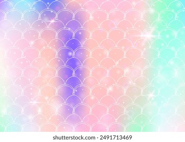 Rainbow scales background with kawaii mermaid princess pattern. Fish tail banner with magic sparkles and stars. Sea fantasy invitation for girlie party. Colorful backdrop with rainbow scales.