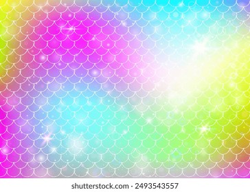 Fondo de escamas de arco iris con patrón de princesa sirena kawaii. Anuncio de cola de pescado con destellos mágicos y estrellas. Invitación de fantasía de mar para fiesta de chicas. Fondo futurista con escalas de arco iris.