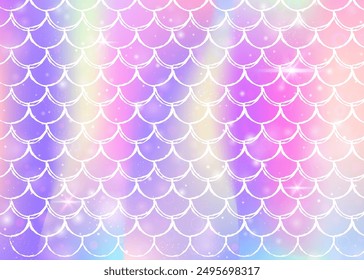 Fondo de escamas de arco iris con patrón de princesa sirena kawaii. Anuncio de cola de pescado con destellos mágicos y estrellas. Invitación de fantasía de mar para fiesta de chicas. Fondo fluorescente con escalas de arco iris.