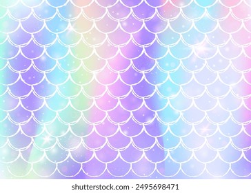 Rainbow scales background with kawaii mermaid princess pattern. Fish tail banner with magic sparkles and stars. Sea fantasy invitation for girlie party. Retro backdrop with rainbow scales.