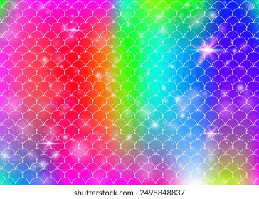 Fondo de escamas de arco iris con patrón de princesa sirena kawaii. Anuncio de cola de pez con destellos mágicos y estrellas. Invitación de fantasía marina para fiesta de chicas. Fondo brillante con escamas de arco iris.