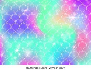 Fondo de escamas de arco iris con patrón de princesa sirena kawaii. Anuncio de cola de pez con destellos mágicos y estrellas. Invitación de fantasía marina para fiesta de chicas. Fondo de moda con escamas de arco iris.