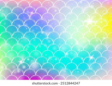 Fondo de escamas de arco iris con patrón de princesa sirena kawaii. Anuncio de cola de pez con destellos mágicos y estrellas. Invitación de fantasía marina para fiesta de chicas. Fondo brillante con escamas de arco iris.