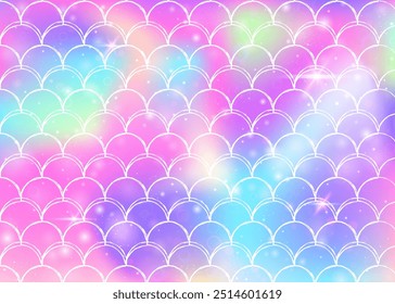 Fondo de escamas de arco iris con patrón de princesa sirena kawaii. Anuncio de cola de pez con destellos mágicos y estrellas. Invitación de fantasía marina para fiesta de chicas. Fondo colorido con escamas de arco iris.