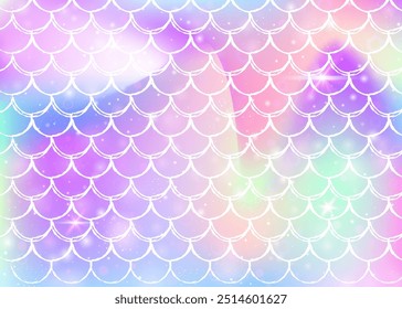 Fondo de escamas de arco iris con patrón de princesa sirena kawaii. Anuncio de cola de pez con destellos mágicos y estrellas. Invitación de fantasía marina para fiesta de chicas. Fondo de Espectro con escamas de arco iris.