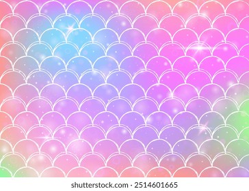 Fondo de escamas de arco iris con patrón de princesa sirena kawaii. Anuncio de cola de pez con destellos mágicos y estrellas. Invitación de fantasía marina para fiesta de chicas. Fondo colorido con escamas de arco iris.