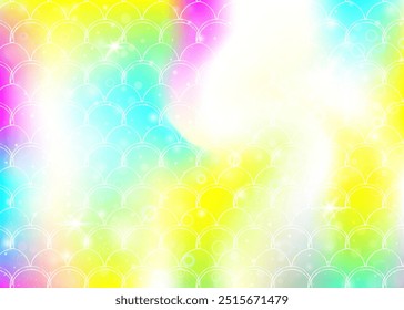 Fondo de escamas de arco iris con patrón de princesa sirena kawaii. Anuncio de cola de pez con destellos mágicos y estrellas. Invitación de fantasía marina para fiesta de chicas. Fondo iridiscente con escamas de arco iris.