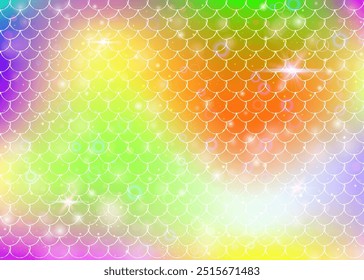 Fondo de escamas de arco iris con patrón de princesa sirena kawaii. Anuncio de cola de pez con destellos mágicos y estrellas. Invitación de fantasía marina para fiesta de chicas. Fondo futurista con escalas de arco iris.