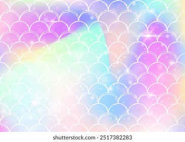 Fondo de escamas de arco iris con patrón de princesa sirena kawaii. Anuncio de cola de pez con destellos mágicos y estrellas. Invitación de fantasía marina para fiesta de chicas. Elegante telón de fondo con escamas de arco iris.