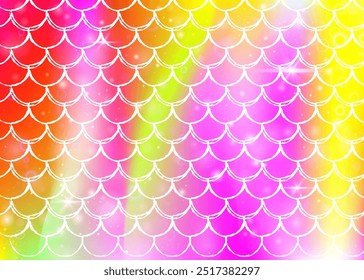 Fondo de escamas de arco iris con patrón de princesa sirena kawaii. Anuncio de cola de pez con destellos mágicos y estrellas. Invitación de fantasía marina para fiesta de chicas. Fondo multicolor con escamas de arco iris.