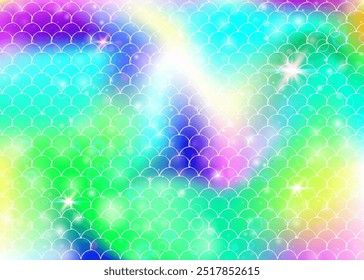 Fondo de escamas de arco iris con patrón de princesa sirena kawaii. Anuncio de cola de pez con destellos mágicos y estrellas. Invitación de fantasía marina para fiesta de chicas. Fondo colorido con escamas de arco iris.