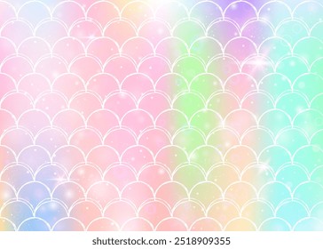 Fondo de escamas de arco iris con patrón de princesa sirena kawaii. Anuncio de cola de pez con destellos mágicos y estrellas. Invitación de fantasía marina para fiesta de chicas. Fondo brillante con escamas de arco iris.