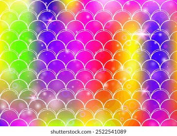 Fondo de escamas de arco iris con patrón de princesa sirena kawaii. Anuncio de cola de pez con destellos mágicos y estrellas. Invitación de fantasía marina para fiesta de chicas. Fondo brillante con escamas de arco iris.