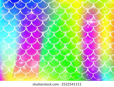 Fondo de escamas de arco iris con patrón de princesa sirena kawaii. Anuncio de cola de pez con destellos mágicos y estrellas. Invitación de fantasía marina para fiesta de chicas. Fondo vibrante con escamas de arco iris.