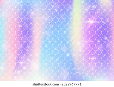 Fondo de escamas de arco iris con patrón de princesa sirena kawaii. Anuncio de cola de pez con destellos mágicos y estrellas. Invitación de fantasía marina para fiesta de chicas. Fondo de moda con escamas de arco iris.