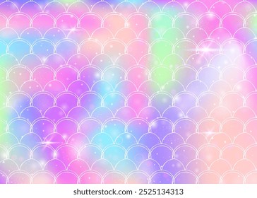 Fondo de escamas de arco iris con patrón de princesa sirena kawaii. Anuncio de cola de pez con destellos mágicos y estrellas. Invitación de fantasía marina para fiesta de chicas. Fondo futurista con escalas de arco iris.