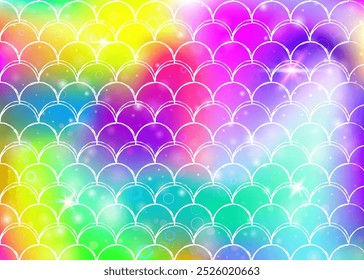 Fondo de escamas de arco iris con patrón de princesa sirena kawaii. Anuncio de cola de pez con destellos mágicos y estrellas. Invitación de fantasía marina para fiesta de chicas. Fondo de Espectro con escamas de arco iris.