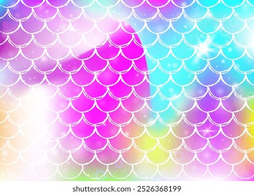 Fondo de escamas de arco iris con patrón de princesa sirena kawaii. Anuncio de cola de pez con destellos mágicos y estrellas. Invitación de fantasía marina para fiesta de chicas. Fondo futurista con escalas de arco iris.