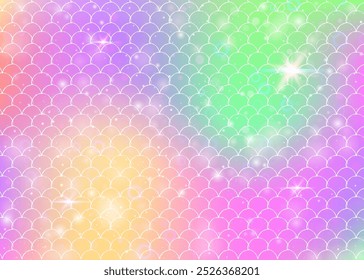 Fondo de escamas de arco iris con patrón de princesa sirena kawaii. Anuncio de cola de pez con destellos mágicos y estrellas. Invitación de fantasía marina para fiesta de chicas. Fondo de moda con escamas de arco iris.