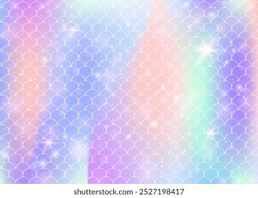 Fondo de escamas de arco iris con patrón de princesa sirena kawaii. Anuncio de cola de pez con destellos mágicos y estrellas. Invitación de fantasía marina para fiesta de chicas. Fondo colorido con escamas de arco iris.