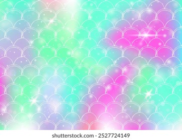 Rainbow scales background with kawaii mermaid princess pattern. Fish tail banner with magic sparkles and stars. Sea fantasy invitation for girlie party. Neon backdrop with rainbow scales.