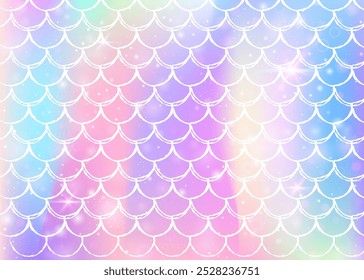 Fondo de escamas de arco iris con patrón de princesa sirena kawaii. Anuncio de cola de pez con destellos mágicos y estrellas. Invitación de fantasía marina para fiesta de chicas. Fondo de Espectro con escamas de arco iris.