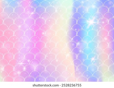 Fondo de escamas de arco iris con patrón de princesa sirena kawaii. Anuncio de cola de pez con destellos mágicos y estrellas. Invitación de fantasía marina para fiesta de chicas. Fondo vibrante con escamas de arco iris.