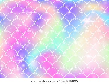 Fondo de escamas de arco iris con patrón de princesa sirena kawaii. Anuncio de cola de pez con destellos mágicos y estrellas. Invitación de fantasía marina para fiesta de chicas. Fondo retro con escamas de arco iris.