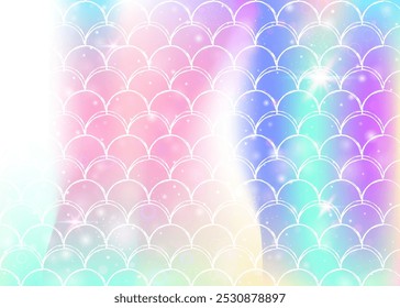 Fondo de escamas de arco iris con patrón de princesa sirena kawaii. Anuncio de cola de pez con destellos mágicos y estrellas. Invitación de fantasía marina para fiesta de chicas. Fondo de neón con escamas de arco iris.