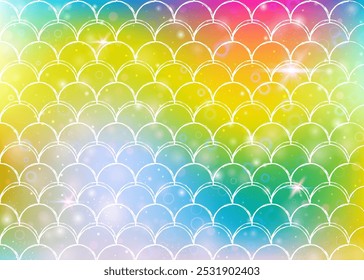 Fondo de escamas de arco iris con patrón de princesa sirena kawaii. Anuncio de cola de pez con destellos mágicos y estrellas. Invitación de fantasía marina para fiesta de chicas. Fondo fluorescente con escamas de arco iris.