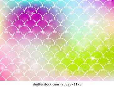 Fondo de escamas de arco iris con patrón de princesa sirena kawaii. Anuncio de cola de pez con destellos mágicos y estrellas. Invitación de fantasía marina para fiesta de chicas. Fondo fluorescente con escamas de arco iris.