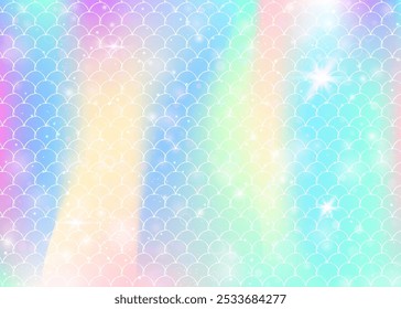 Fondo de escamas de arco iris con patrón de princesa sirena kawaii. Anuncio de cola de pez con destellos mágicos y estrellas. Invitación de fantasía marina para fiesta de chicas. Fondo fluorescente con escamas de arco iris.