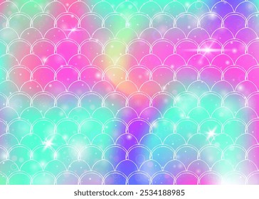 Rainbow scales background with kawaii mermaid princess pattern. Fish tail banner with magic sparkles and stars. Sea fantasy invitation for girlie party. Fluorescent backdrop with rainbow scales.