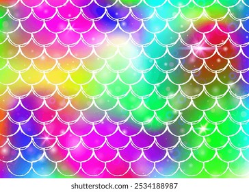 Rainbow scales background with kawaii mermaid princess pattern. Fish tail banner with magic sparkles and stars. Sea fantasy invitation for girlie party. Retro backdrop with rainbow scales.