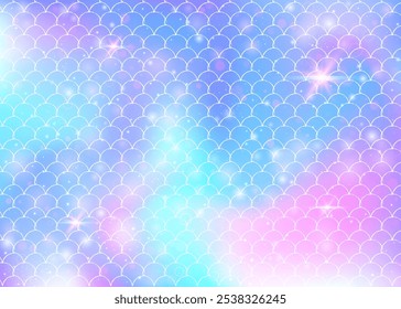 Rainbow scales background with kawaii mermaid princess pattern. Fish tail banner with magic sparkles and stars. Sea fantasy invitation for girlie party. Vibrant backdrop with rainbow scales.