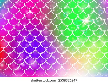 Rainbow scales background with kawaii mermaid princess pattern. Fish tail banner with magic sparkles and stars. Sea fantasy invitation for girlie party. Retro backdrop with rainbow scales.